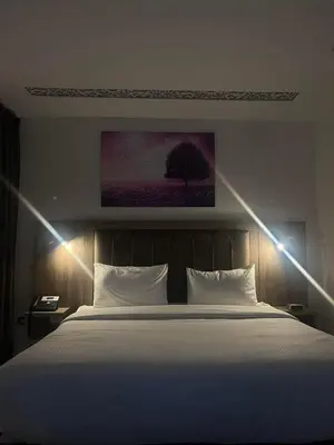a bedroom with a large bed with lights on it at Jorh BB in Amman