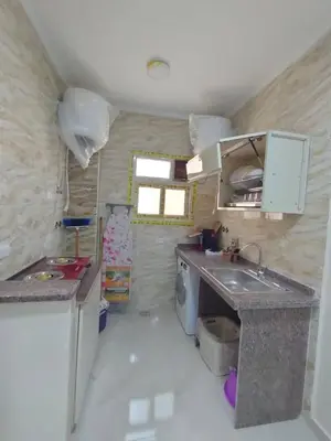 a small kitchen with a sink and a counter at Sama rjan in Irbid