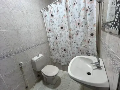 a bathroom with a toilet and a sink and a shower curtain at شقه مفروشه in Amman