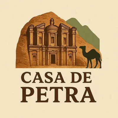 a sign with a picture of a building and a camel at Casa de petra in Wadi Musa