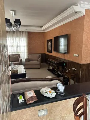 a living room with a couch and a television at Luxurious 5 bedroom Furnished Villa superb locationفيلا فخمه in Amman