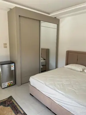 a bedroom with a bed and a sliding glass door at For Rent ,New Furnished Rooftop in Shafa Badran in Amman