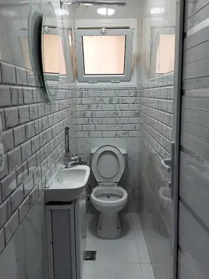 a small bathroom with a toilet and a sink at Yousef chalet in Amman