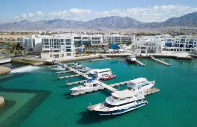 a group of boats are docked in a marina at العقبة in Aqaba