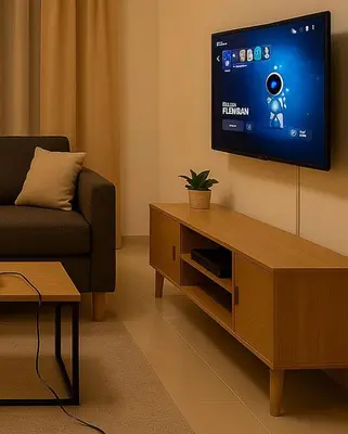 a living room with a flat screen tv on the wall at Stay with Obada Private Room in Amman
