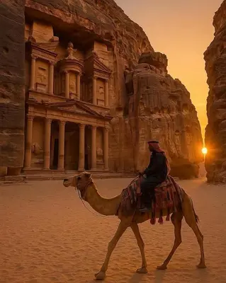 a man riding a camel in front of a building at Safari home in Petra
