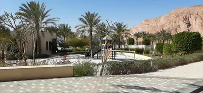 a resort with palm trees and a mountain at قرية الراحة مرسى زايد باطلالات خلابة alraha village with Beautiful view in Aqaba