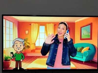 a woman talking on a cell phone in a living room at الرائد للشقق المفروشة in Amman