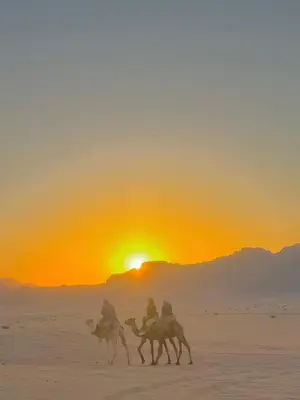 three people riding camels in the desert at sunset at Lunara Desert Luxury Camp in Wadi Rum