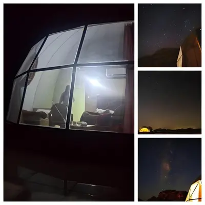 a collage of photos of a room with a window at Wadi rum Hi camp in Wadi Rum