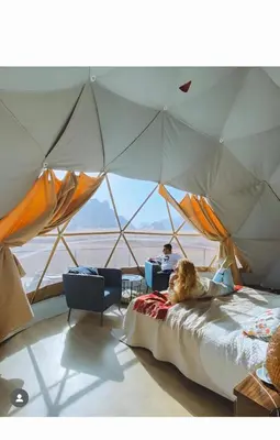 a dog sitting on a bed in a room with a view at Wadi rum tenda camp in Wadi Rum