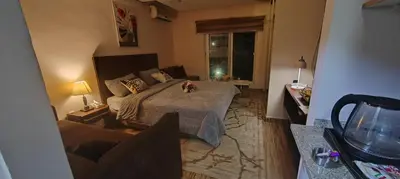 a bedroom with a bed with a teddy bear on it at Fully furnished studio in Amman