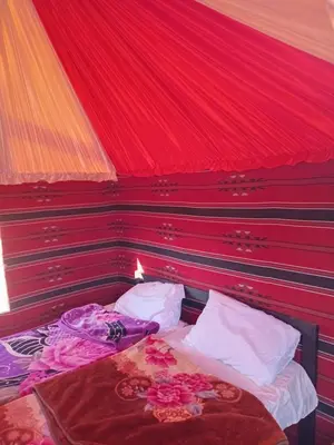 a bedroom with a bed with a red wall at Ayed Wadi Rum camp in Wadi Rum