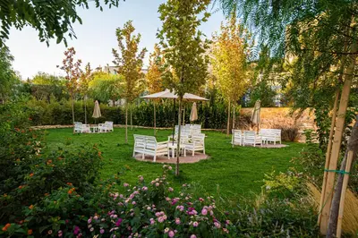 a group of chairs and umbrellas in a garden at طريق المطار بوليفارد الامعري in Amman