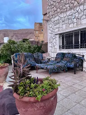 a patio with couches and plants in front of a building at Peace House in Wadi Musa
