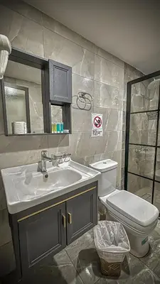 a bathroom with a sink and a toilet at Wadi Rum Sila Camp in Wadi Rum