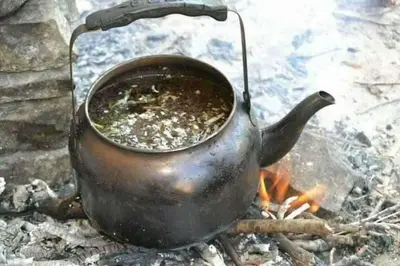 a tea kettle sitting on top of a fire at Camping Guide in Dana