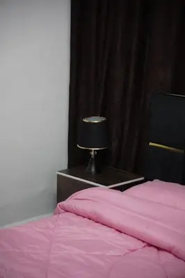 a bedroom with a pink bed and a lamp at Petra entrance Apartment in Petra