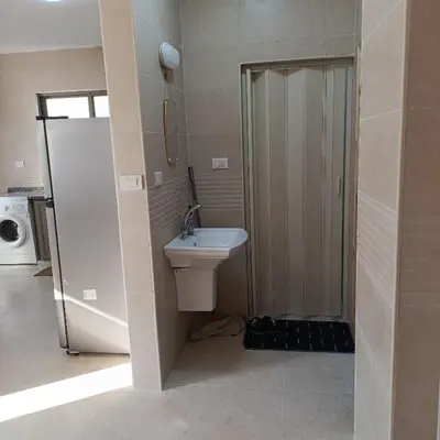 a bathroom with a sink and a toilet and a washing machine at ابو عبدالله للشقق الفندقيه in Ajloun