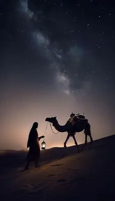 a man walking a camel in the desert at night at Rum Magic Bubbles in Wadi Rum