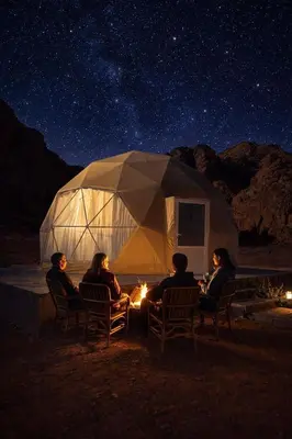 a group of people sitting in chairs in front of a tent at Moon Red Bubbles Camp in Wadi Rum