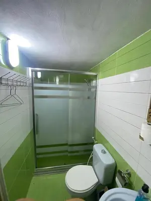 a green and white bathroom with a toilet and a shower at اربد ام قيس طريق درب الاردن in Um Qeis