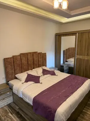 a bedroom with a large bed with a large mirror at 2bd apartment sport city in Amman