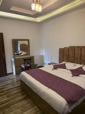 a bedroom with a large bed and a mirror at Sports city 2bd room in Amman