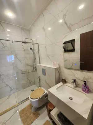 a bathroom with a shower and a toilet and a sink at Cozy Appartment In Shmessani in Amman