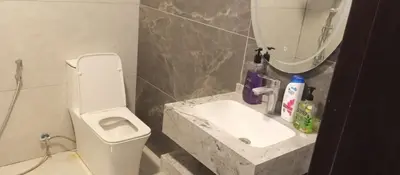 a bathroom with a sink and a toilet and a mirror at Rest Sea Chalet shearing Room one bed