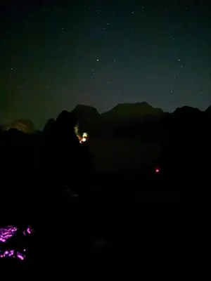 a starry night with a mountain in the background at Desert soul in Wadi Rum