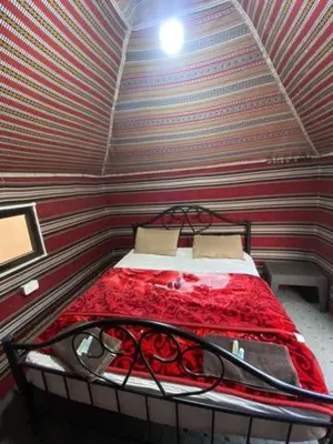 a bedroom with a bed in a room with a striped wall at Wadi Rum Nights Tents in Wadi Rum