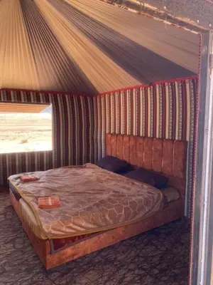 a bed with a canopy in a room at Wadi Rum Nights Tents in Wadi Rum
