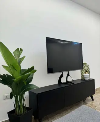 a flat screen tv on a black entertainment center with a plant at شقة lvaisa الفندقيه in Umm Uthainah