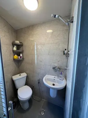 a bathroom with a toilet and a sink at Cozy Studio in a Creative Hub in Amman