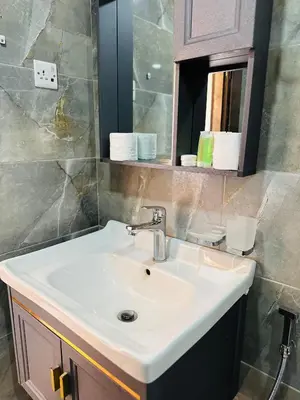 a bathroom with a white sink and a mirror at Rum Dreamland luxury camp in Wadi Rum