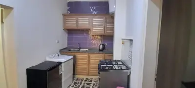 a small kitchen with a stove and a sink at Two Palms Housing in Jerash