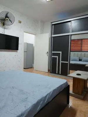 a bedroom with a large bed with a tv on the wall at Small huose in Amman