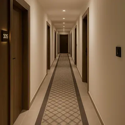 a corridor of a hotel with a long hallway at Crystal Collection Hotel in Amman