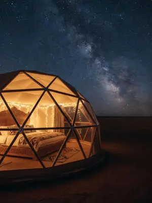 a dome tent with a view of the milky way at Magic rum luxury camp in Wadi Rum