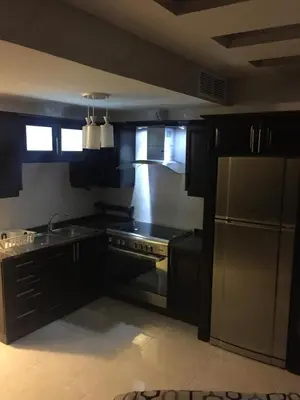 a kitchen with black cabinets and stainless steel appliances at شقة مفروشة للإيجار بالرابية بالقرب من السفارة الصينية in Amman