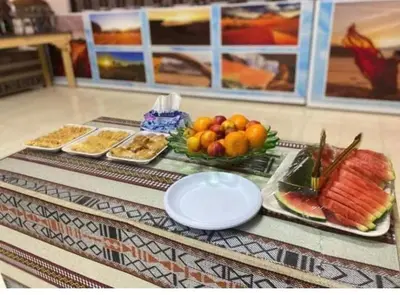 a buffet with different types of food on a table at Jorye Rum luxure cam in Wadi Rum