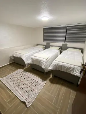 a room with two beds and a rug on the floor at Kirakoupdolis house & restaurant in Kerak