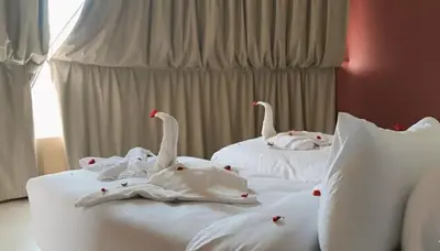 two white swans are sitting on two beds at Aseel camp rum in Wadi Rum