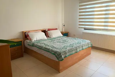 a bedroom with a bed with two pillows and a window at Comfy Apt at Jandawil -only Families- in Amman