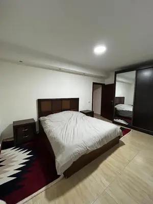 a bedroom with a large bed and a mirror at Cozy 1BR in Abdoun Quiet Near US Embassy in Amman