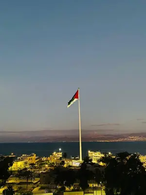 a flag on a pole in front of a city at Avatar Hotel-Aqaba in Aqaba