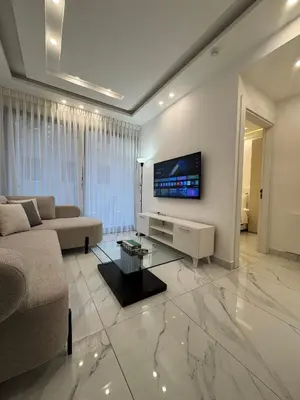 a living room with a couch and a flat screen tv at Boulevard Comfort Haven, apt with stunning veiw in Amman