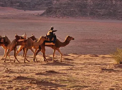 a man riding on a camel in the desert at Starlit Wadi Rum camp in Wadi Rum