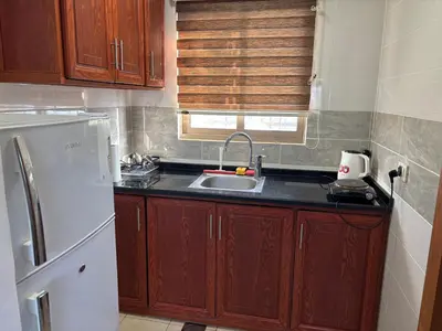 a kitchen with a sink and a white refrigerator at Ash Shawbak Apartment in Umm Şawwānah